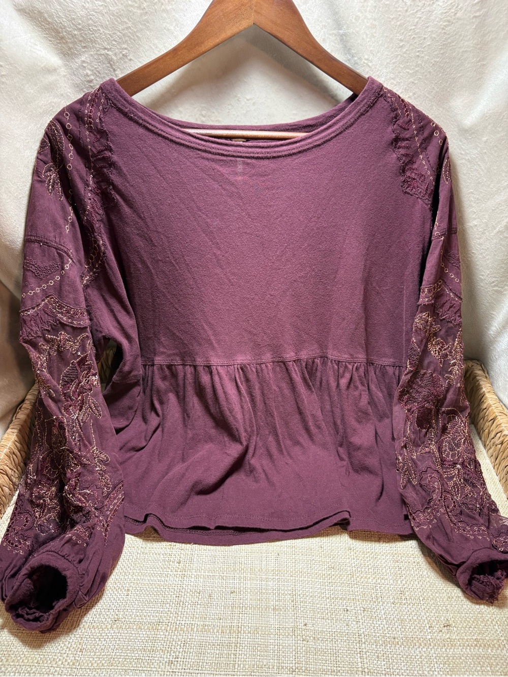 Free People Purple Embroidered Mesh Sleeve Peplum Top XS Boho